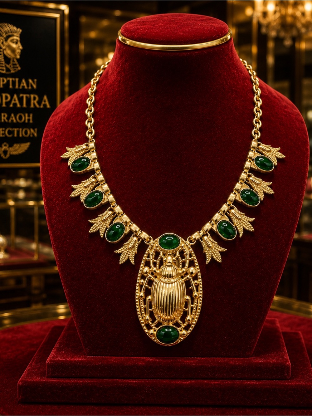 18k Gold over Bronze Egyptian Revival Large Scarab Lotus Necklace Genuine Onyx